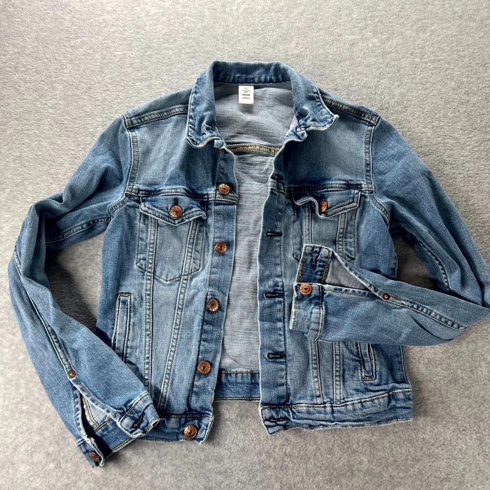 & Denim Trucker Jacket Womens 6 Blue Medium Wash Button Front Winter Wear